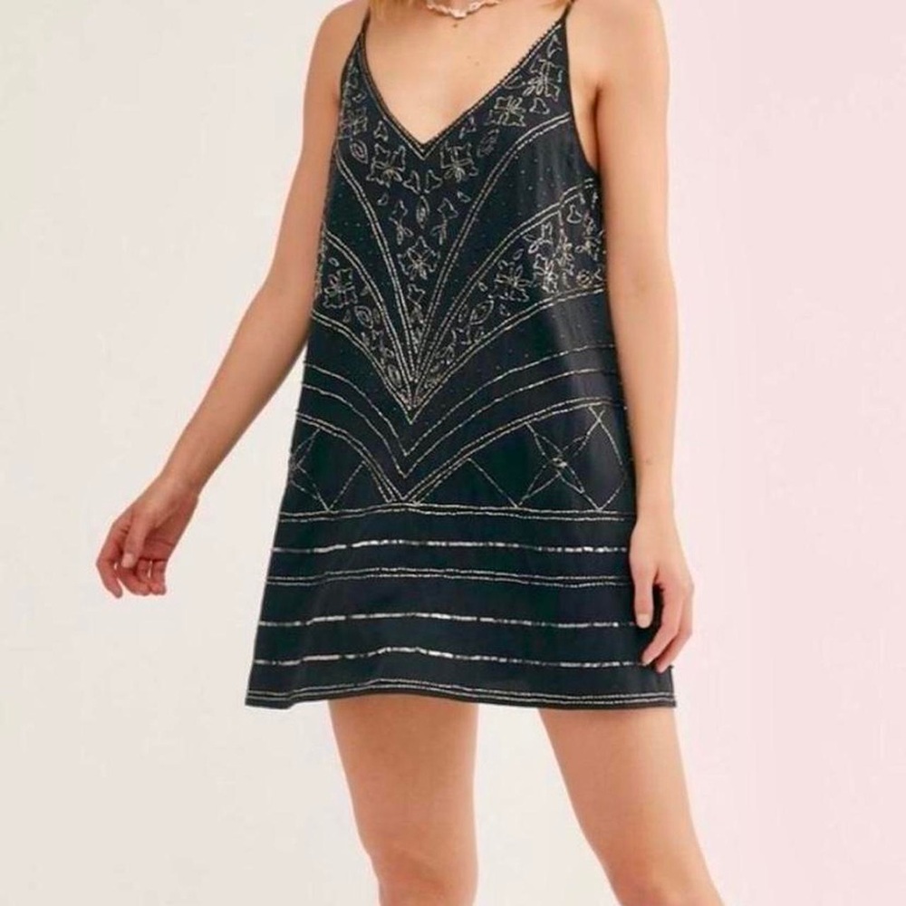 Free People Black and Gold Embroidered Mini Dress
